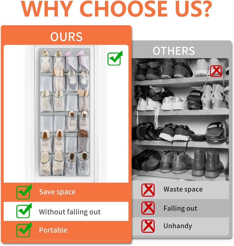 FENTEC 24 Pockets Over the Door Shoe Organizer Hanging Shoe Organizer for Closet, Space Saving Mesh Large Pocket Shoe Storage and Organizer, Shoe Holder for Apartments Garages, Grey 1 Pack - Image 2